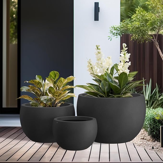 Kante 19.9",15.7",11.8" Dia Round Concrete Planter Set of 3, Outdoor/Indoor Large Bowl Plant Pots with Drainage Hole and Rubber Plug for Garden Patio Balcony Home, Black