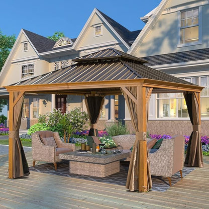 Domi Outdoor Living 12’x12’ Hardtop Gazebo, Wooden Coated Aluminum Frame Canopy with Galvanized Steel Double Roof, Outdoor Permanent Metal Pavilion with Curtains and Netting for Patio, Deck and Lawn