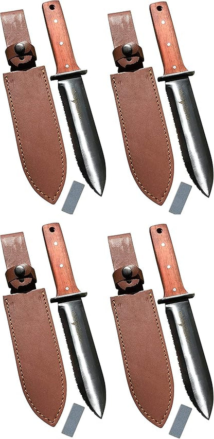Garden Guru Hori Hori Garden Knife Supreme Set for Weeding, Digging, Pruning, and Cultivating - Stainless Steel Full Tang Blade | Marks for Measuring Planting Depth | Premium Leather Sheath (4 Pack)