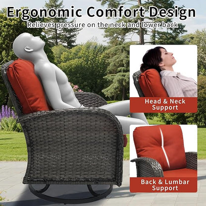 3 Pieces Patio Furniture Set, Outdoor Swivel Rocking Chair Set of 2 with Side Table - 360° Swivel, Thick Cushions, All-Weather Bistro Set for Deck, Porch, Pool(Wine Red, Grey Full-Weave Rattan)