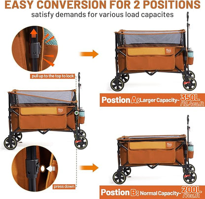 TIMBER RIDGE 350L Extra Large Collapsible Folding Wagon Carts with Brake, Heavy Duty Outdoor Camping Utility Wagons with Extended Height, Adjustable Handle, Cup Holders, Side Bag(Orange)