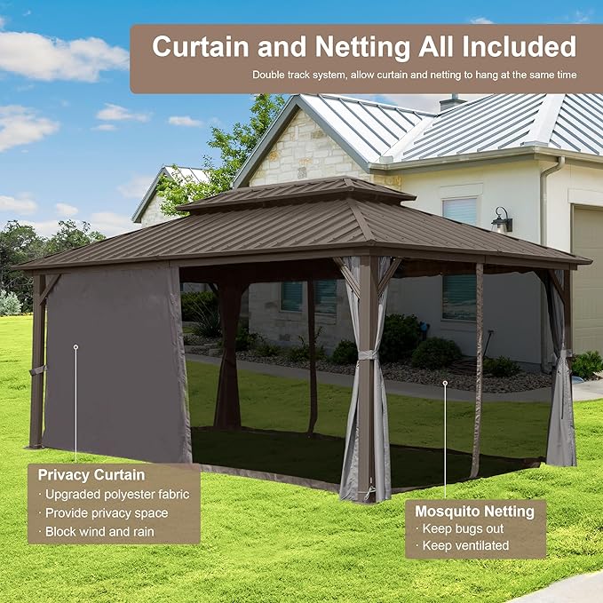 Domi Hardtop Gazebo 12x14FT, Aluminum Outdoor Gazebo with Galvanized Steel Double Roof Canopy, Curtains and Netting Included, Metal Gazebo Permanent Pavilion for Patio, Lawn, Garden, Brown