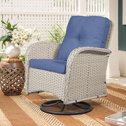 2 in 1 Porch Glider Swivel Chair - Wicker Patio Furniture Outdoor Swivel Rocker Chair with Thick Cushion, 300 Lb Weight Capacity Patio Swivel Glider Seating - Light Beige Wicker Blue Cushion
