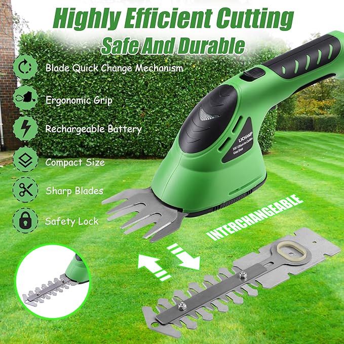 Lichamp 2-in-1 Electric Hand Held Grass Shear Hedge Trimmer Shrubbery Clipper Cordless Battery Powered Rechargeable for Garden and Lawn, CGS-3602 Grass Green