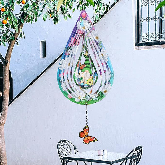 Gnomes and Butterfly Hanging Wind Spinners, Outdoor 3D Metal Sculptures for Garden and Yard Decoration Large Wind Spinner with a 360° Rotating Hook, Gifts for Women Mom Grandma Wife