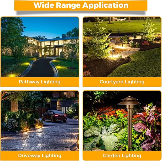 Gardencoin Solid Brass Low Voltage Landscape Pathway Lights (6'' Shade 2-Tier, 19'' Tall), 12V AC/DC LED Heavy Duty Path Lighting Outdoor Wired, Waterproof Bronze Walkway Light Without G4 Bulb,12 Pack