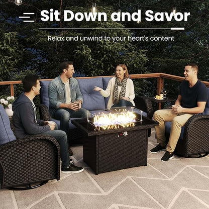 10 Pieces Patio Furniture Sets with Fire Pit Table, Wicker Rattan High Back Outdoor Swivel Rocking Chairs Set with 3-Seat Couch, Ottomans and Side Table