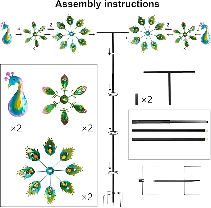 Outdoor Peacock Wind Spinners Featuring Glittering Gem Decor, 13.5" D x 65" H Double Layer Kinetic Wind Sculptures, 360° Rotatable Metal Garden Wind Spinners for Yard and Outdoor Decor Blue