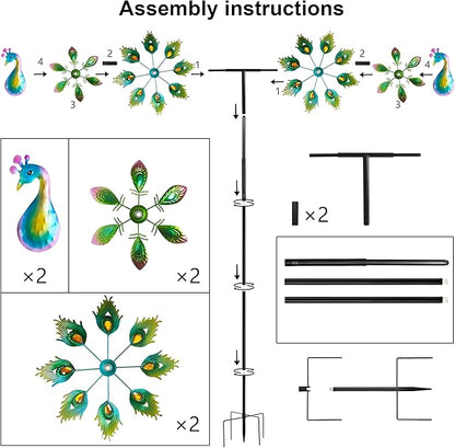 Outdoor Peacock Wind Spinners Featuring Glittering Gem Decor, 13.5" D x 65" H Double Layer Kinetic Wind Sculptures, 360° Rotatable Metal Garden Wind Spinners for Yard and Outdoor Decor Blue