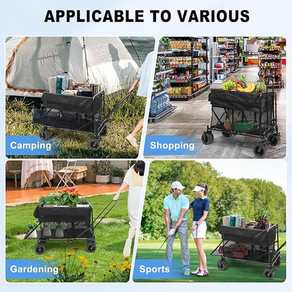 Nice C Push Wagon, Double Decker Wagon, Folding Wagon, Wagons Carts Foldable, Collapsible Wagons, 400L Capacity, Foldable, 47'' Extendable, 4" Wide All Terrain Wheels