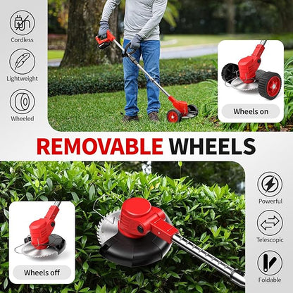 Cordless Weed Wacker, Electric Weed Eater with 4 Types of Blades & 2 * 2.0Ah Batteries, Lightweight Brush Cutter Foldable String Trimmer, Battery Powered Lawn Mover for Lawn Yard (Red)