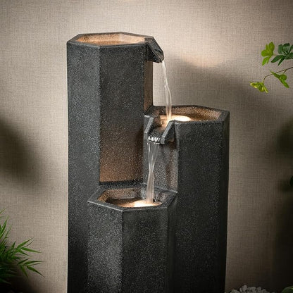27.95" H Outdoor Water Fountain Made with Eco-Friendly Recyclable Materials, Polyethylene Cascading Waterfall Fountain, Garden Waterfall Decor with LED Light & Pump for Patio, Backyard