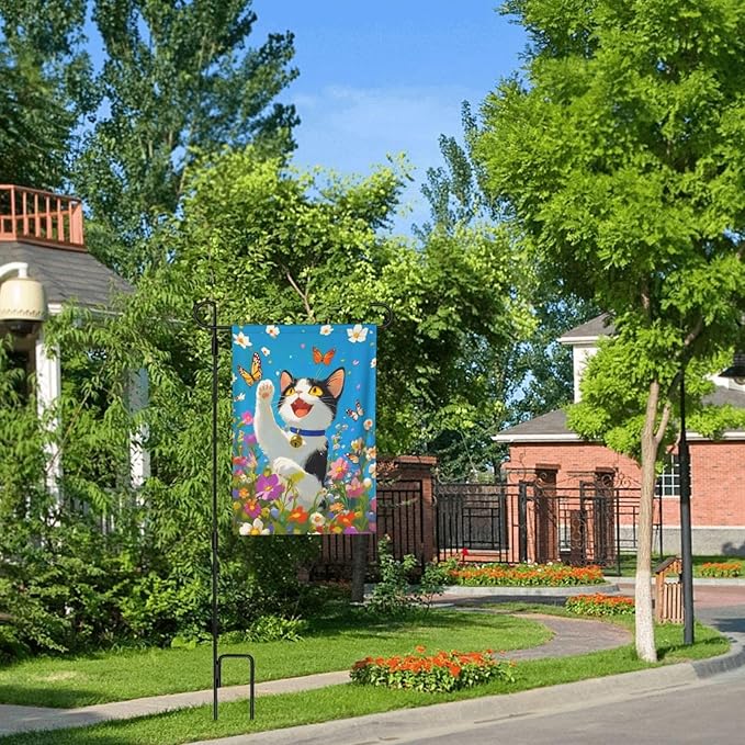 Cat Flower Garden Flag Vertical Double Sided Outdoor Yard Flags 12.5x18 Inch Burlap Banners for House Lawn