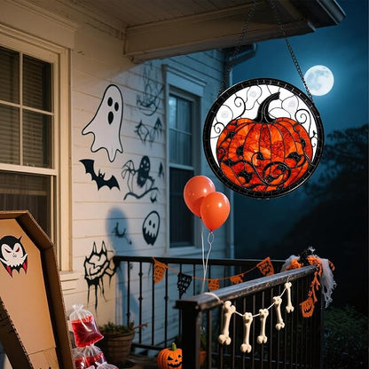 Stained Glass Window Hanging - Halloween Red White Scary Pumpkin Suncatcher for Doors Garden Home Spooky Rattan Sun Catchers Gothic Decor Horror Gifts for Women Men Friend Boy Girl 7.8 in