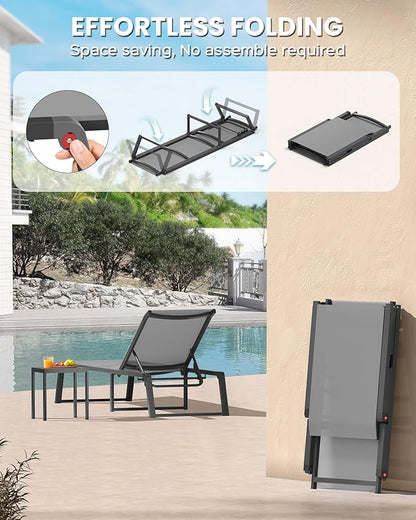 Aluminum Chaise Lounge Outdoor Set of 2, Foldable & Assembly Free Patio Pool Lounge Chairs 5-Position Recliner for Outside Poolside, Fully Grounded Legs Sun Lounger for Beach, Yard, Dark Gray