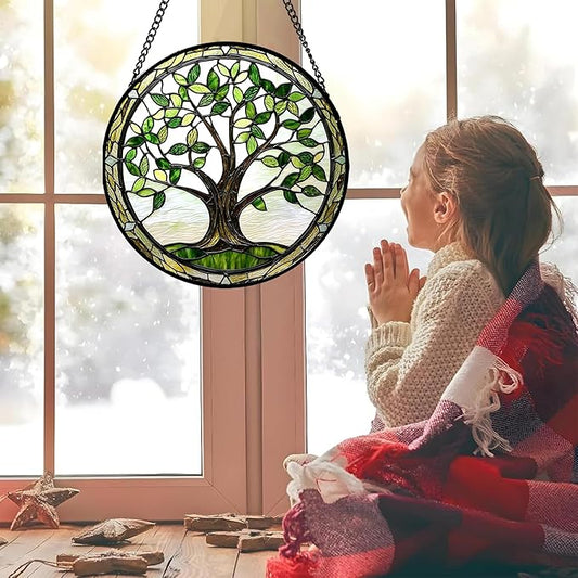 Stained Glass Window Hanging - Brown Tree Trunk Green Leaves Sun Catcher for Door Garden Home Decor Plant Suncatcher Christmas Mother's Day Birthday Gifts for Women Men Mom Nana 9.8 in