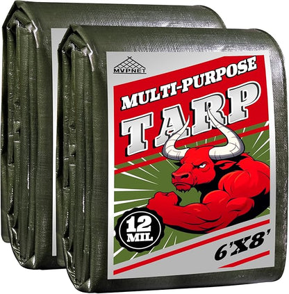 Green/Silver Heavy Duty Waterproof Tarp 6x8FT(2pack), 12mil Thick，Multifunctional tarp Whit Tear&Fade Resistant,UV Resistant,with Grommets and Reinforced Edges.