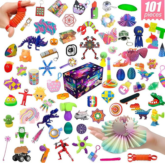 101-Piece Fidget Toy Variety Pack for Kids - Sensory Toys Bulk Set with Stress Balls, Pop Tubes, Squishies & More - Classroom Prizes, Party Favors, and Gifts for Boys & Girls