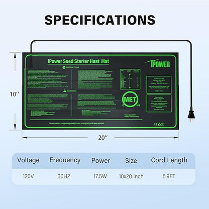iPower Durable Waterproof Seedling Heat Mat Warm Hydroponic Pad for Efficient Seed Starting, Greenhouse Use, and Germination, 10" x 20", Black