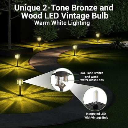 XMCOSY+ Solar Outdoor Lights Waterproof IP65, Solar-Powered Garden/Yard/Pathway Lights with Warm White 2-Tone Bronze-Wood Stainless Steel Design for Landscape Driveway Walkway Decorative