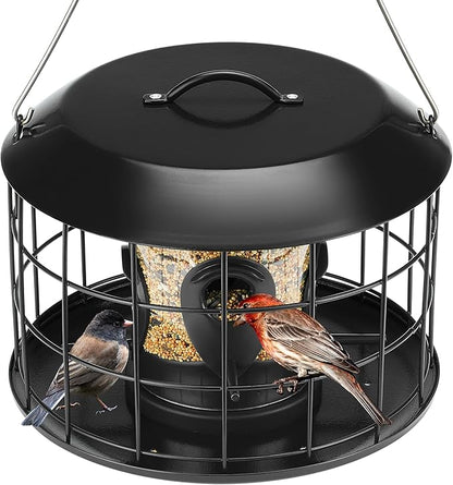 Kingsyard Mesh Caged Bird Feeders for Outdoor Hanging, Tube Squirrel Proof Bird Feeders with Tray for Small Birds Finches Bluebird, Rain Proof Covered, 4 Feeding Ports, Black