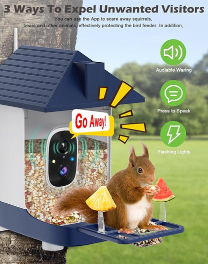 Smart Bird Feeder with Camera Solar Powered, 2.5K Live Video Bird House Camera, AI Identifies, Auto Capture & Notify, Motion Detection, Cloud Storage, Color Night Vision, Ideal Gift for Bird Watching