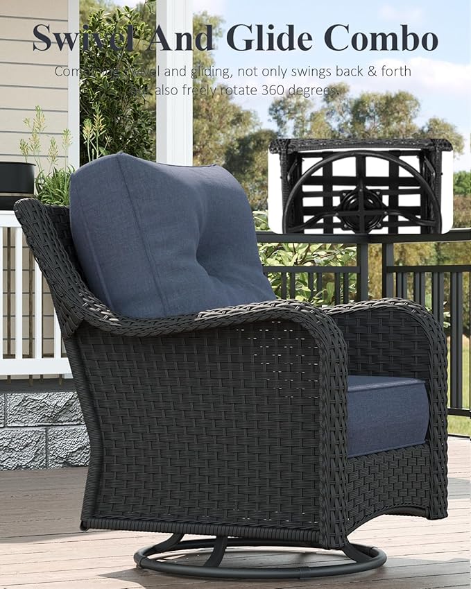 LayinSun 3 Piece Wicker Outdoor Furniture Set with 6-inch Comfy Cushions, High Back Patio Furniture Set with Swivel Rocking Chairs and Side Table