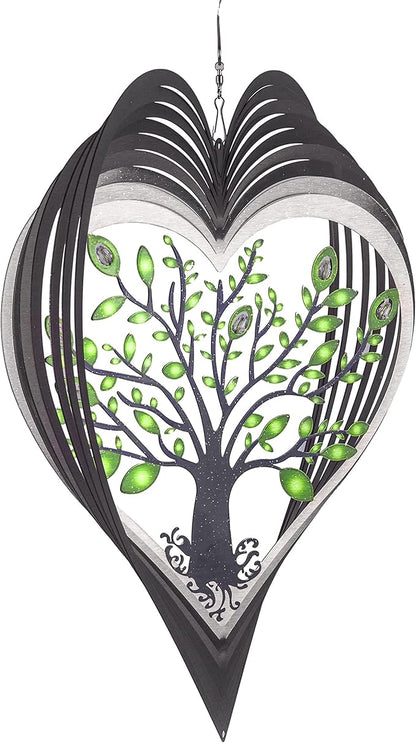 ISEO Silver Heart Wind Spinner for Yard and Garden with Crystals, Hanging Outdoor Decor, Yard Art, Porch and Patio Decorations, Metal Wind Spinners Outdoor, Weather Resistant, 15”