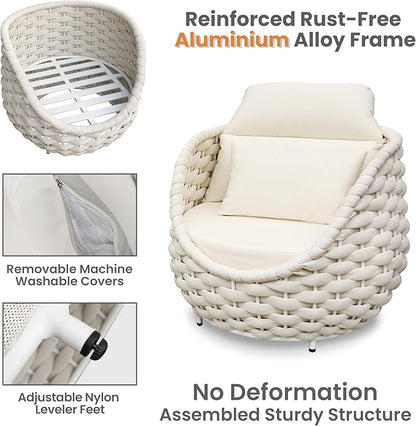 Patio Accent Chairs Set of 4: Aluminum Porch Lounge Chair with Arms - Woven Rope Cushioned Armchair - Modern One Seater Sofa - Outdoor Deck Furniture for 400lbs Balcony Yard Garden Hotel, Beige