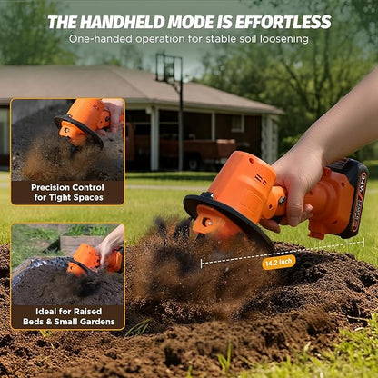 24V Cordless Mini Tiller Cultivator - Lightweight 1.5kg Rototiller, 4" Working Width, 235RPM with 4 Rows Tines for Effortless Gardening - Includes 2x1.5Ah Batteries & Charger