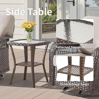 Outdoor Swivel Rocker Chairs - Patio Rocking Chairs Set of 2, 3PCS Wicker Patio Set with 5" Thick Cushion and Side Table, Rattan Patio Swivel Rocking Chairs for Porch, Deck, Backyard Beige/Brown