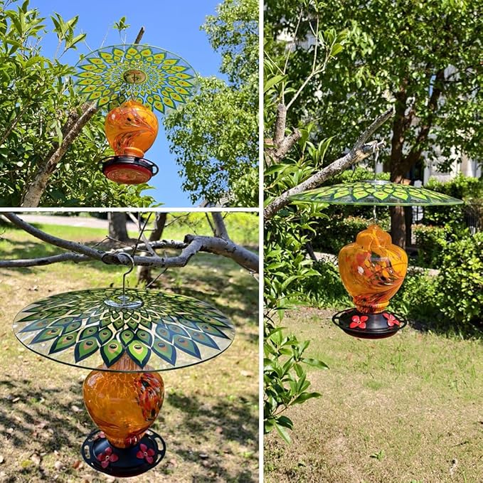 13" Glass Rain Cover for Bird Feeder Outdoors - Baffle on Shepherd Pole/Post or S Hook Hanging - Large Weather Guard Protective Dome - Dia. 33CM - Peacock Feather