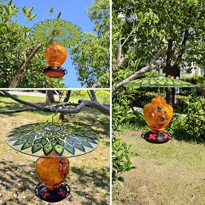 13" Glass Rain Cover for Bird Feeder Outdoors - Pack of 2PC X Baffle on Shepherd Pole/Post or S Hook Hanging - Large Weather Guard Protective Dome - Dia. 33CM - Peacock Feather