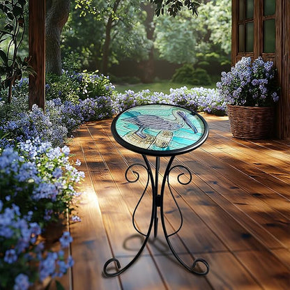 HONGLAND Outdoor Side Table, Small Outdoor Table, 12" Round Patio Side Table End Table, Glass Plant Stand, Small Bistro Coffee Table for Garden Patio Porch Living Room (Pelican)