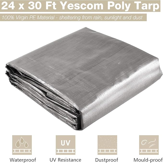 Yescom 24x30ft Heavy Duty Reinforced Poly Tarp Waterproof Tarpaulin 10-mil Ground Sheet Camping Tent Cover with Eyelets Reversible Silver Black Tarps