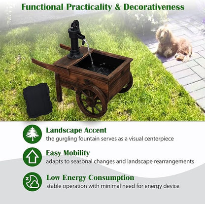 Carbonized Wood Outdoor Freestanding Fountain - Movable Vintage Hand Pump Cart, Solar-Powered Electric Decorative Water Feature for Patio, Garden & Indoor Decoration