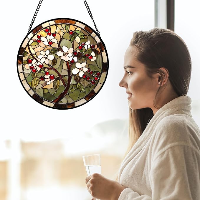 CRIS GIF Stained Glass Window Hanging - Hawthorn Tree Birth Flowers Suncatcher for Doors Garden Patio Sun Catchers Decor Christmas Mother's Day Birthday Gifts for Women Men Mom Nana Friend 6.3 in
