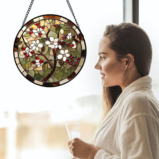 CRIS GIF Stained Glass Window Hanging - Hawthorn Tree Birth Flowers Suncatcher for Doors Garden Patio Sun Catchers Decor Christmas Mother's Day Birthday Gifts for Women Men Mom Nana Friend 6.3 in