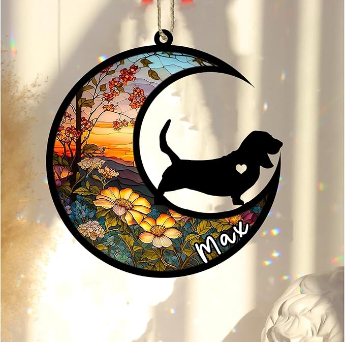 Personalized Dog Memorial, Custom Name Basset Hound Dog Christmas Ornament with Name, Custom Breeds, Pet Loss Light Catcher, Gifts for Lovers Loss of Pet Sympathy on Mothers Day Christmas