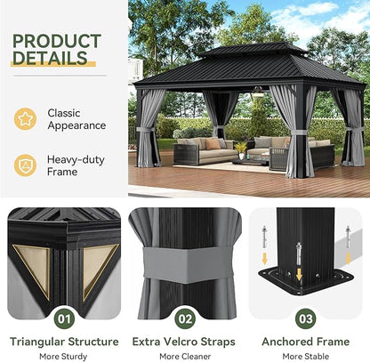 Aoxun Hardtop Gazebo 12x16 with Gutter, Upgraded Wider Aluminum Outdoor Gazebo with Galvanized Steel Double Roof, Patio Permanent Metal Pavilion with Netting and Privacy Curtain