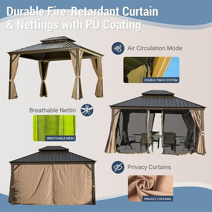 Domi 10' X 12' Hardtop Gazebo Permanent Outdoor Gazebo with Galvanized Steel Double Roof, Aluminum Frame, Curtains and Netting for Patio Lawn and Garden, Brown
