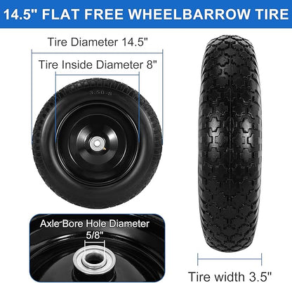 14.5" Flat Free Wheelbarrow Wheels and Tires, 3.50-8" Flat-Free Solid Tire with 5/8" Axle Bore Hole for Wheelbarrow Lawn Mover Trolley Dolly Go Kart Replacement