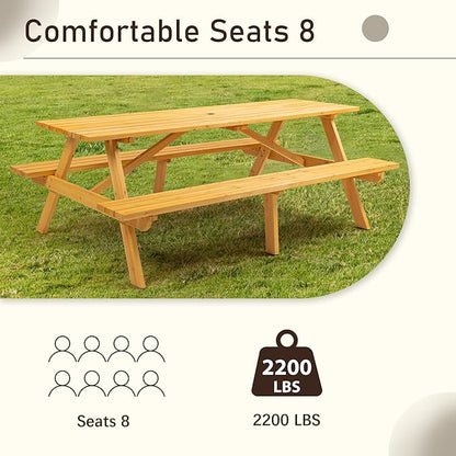 Picnic Table with Bench for 8 Person Outdoor Wooden Rectangle Table for Patio Garden Backyard Large Outside Dining Table Set with Umbrella Hole 6.25FT