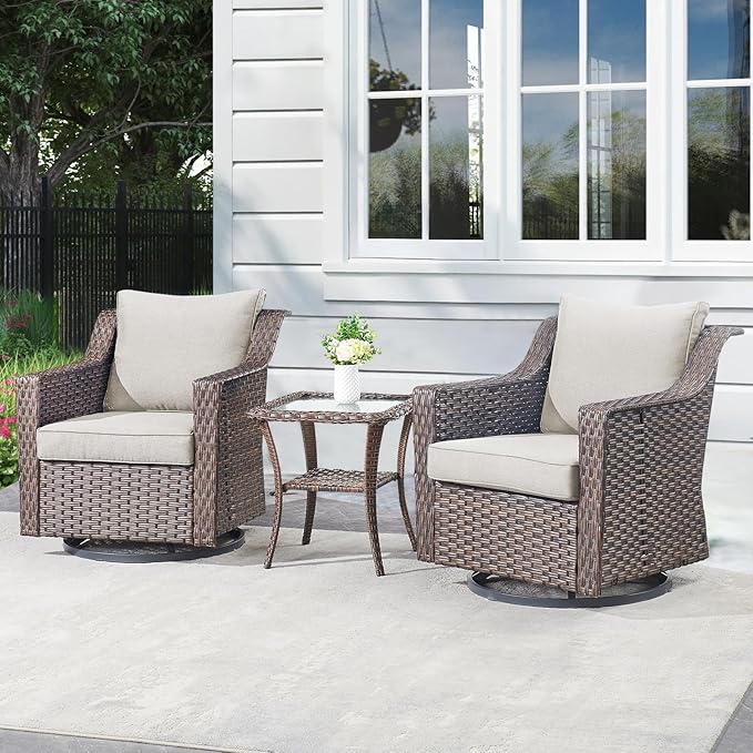 Outdoor Patio Wicker Swivel Chairs - Set of 2 Outside Resin Rattan Rocker Glider Gliding Chair Rocking Armchairs for Front Porch Balcony Backyard Yard Deck Poolside Apartment – Brown/Beige