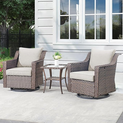 Outdoor Patio Wicker Swivel Chairs - Set of 2 Outside Resin Rattan Rocker Glider Gliding Chair Rocking Armchairs for Front Porch Balcony Backyard Yard Deck Poolside Apartment – Brown/Beige