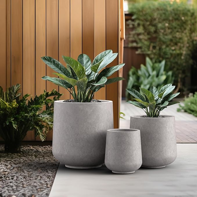 Kante 15.3"+11.6"+8.2" Dia Round Concrete Planter, Large Outdoor Indoor Planter Pots Containers with Drainage Holes and Rubber Plug for Home Garden Patio, Light Gray