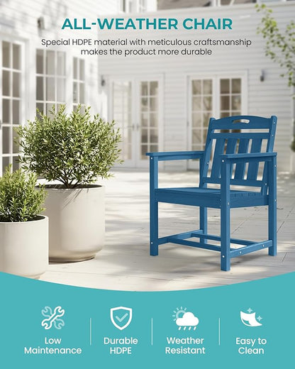 Set of 2 Weatherproof Patio Chairs - HDPE Outdoor Dining Chairs with Wide Seat, Ergonomic Design - for Garden, Backyard, Deck - Navy Blue