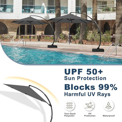 11FT Cantilever Umbrella with Base Large Curvy Outdoor Aluminum Offset Umbrella w/ 360° Rotation, UV Resistant Canopy for Patio, Garden, Backyard, Gray