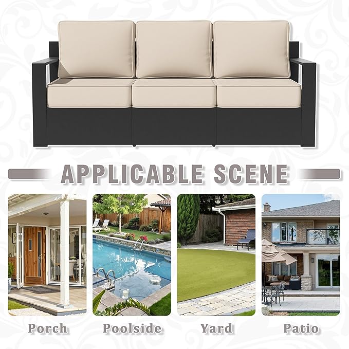 Aluminum Patio Sofa - 3-Seater Outdoor Sofa with 6" Thick Water-insistant Cushions, All-Weather Use Frame, Removable Cover, Ideal for Garden, Poolside (Beige)