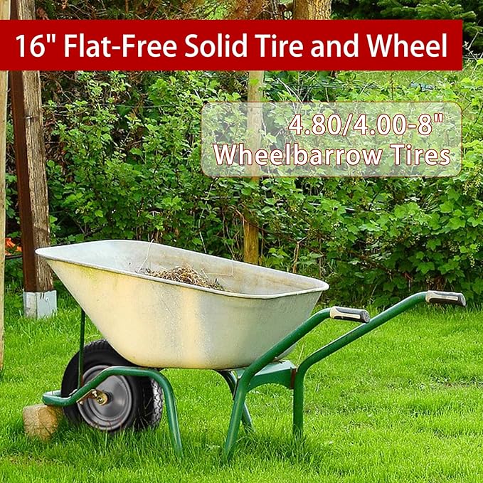 16" Flat Free Wheelbarrow Tires,4.80/4.00-8"Flat-Free Solid Tire with 3" Centered Hub,5/8" & 3/4" Bearing For Wheel Barrow Garden Utility Cart Lawn Mover Replacemen(2 Pack)